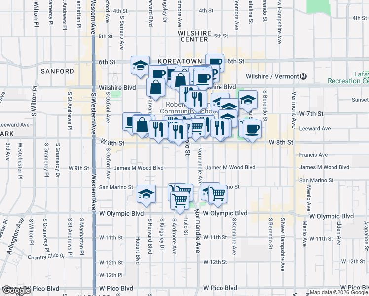 map of restaurants, bars, coffee shops, grocery stores, and more near in Los Angeles