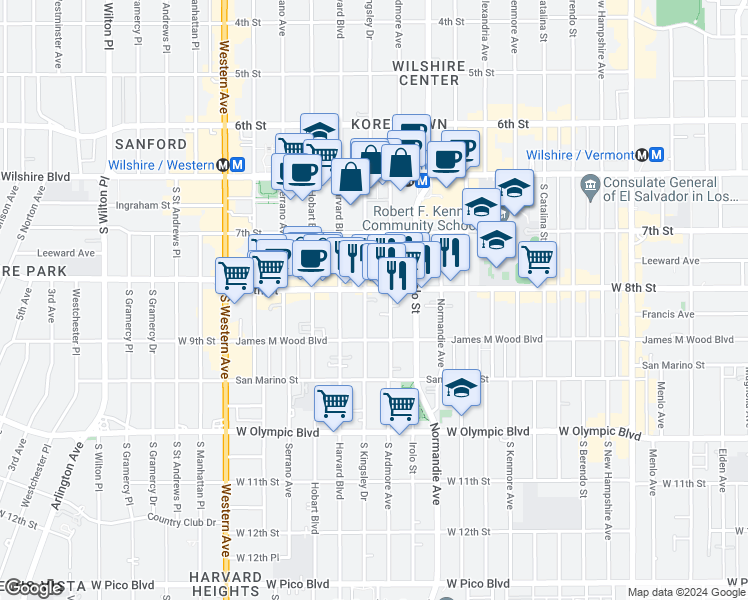 map of restaurants, bars, coffee shops, grocery stores, and more near 807 South Ardmore Avenue in Los Angeles