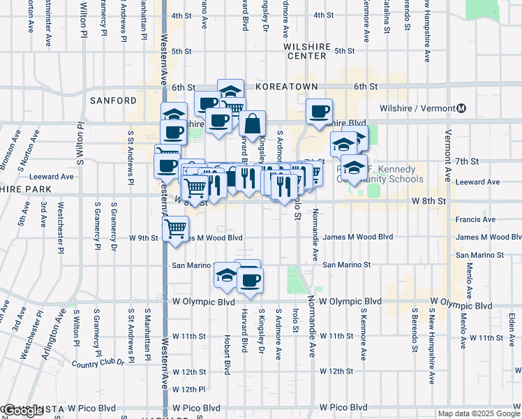 map of restaurants, bars, coffee shops, grocery stores, and more near 3418a West 8th Street in Los Angeles