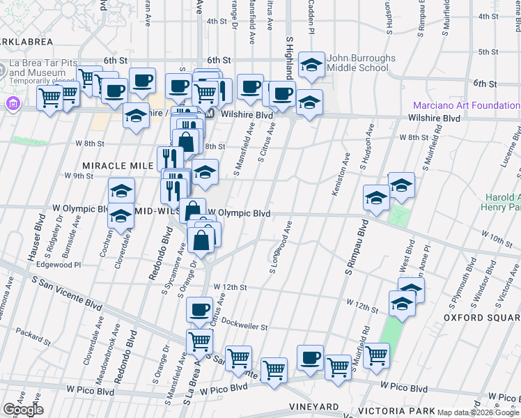 map of restaurants, bars, coffee shops, grocery stores, and more near 948 South Citrus Avenue in Los Angeles