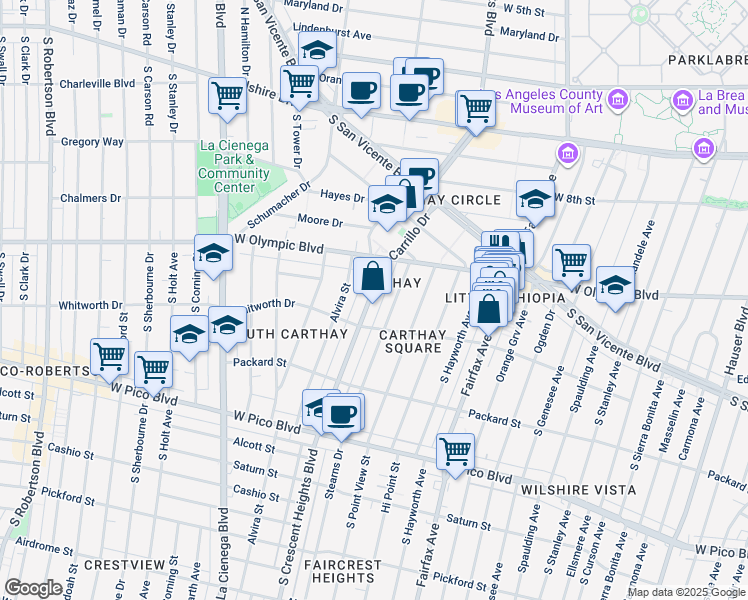map of restaurants, bars, coffee shops, grocery stores, and more near 1042 South Crescent Heights Boulevard in Los Angeles
