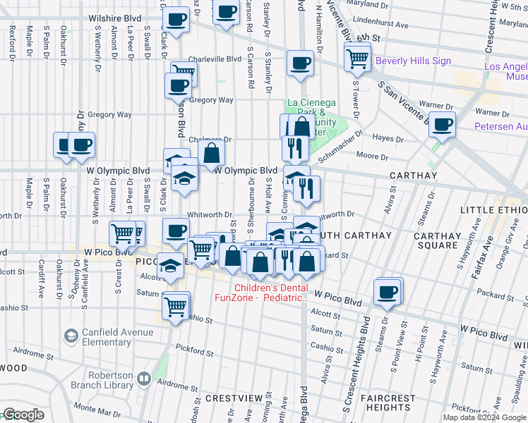 map of restaurants, bars, coffee shops, grocery stores, and more near 1059 South Holt Avenue in Los Angeles