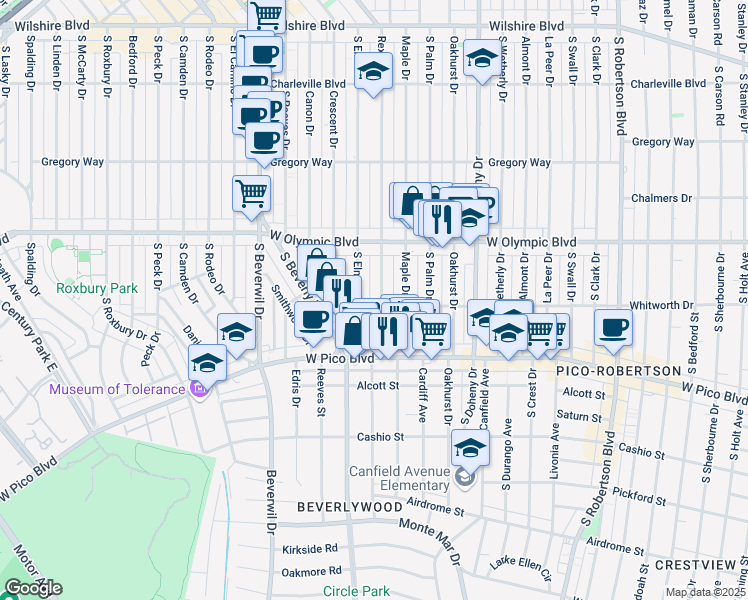map of restaurants, bars, coffee shops, grocery stores, and more near 454 South Rexford Drive in Beverly Hills