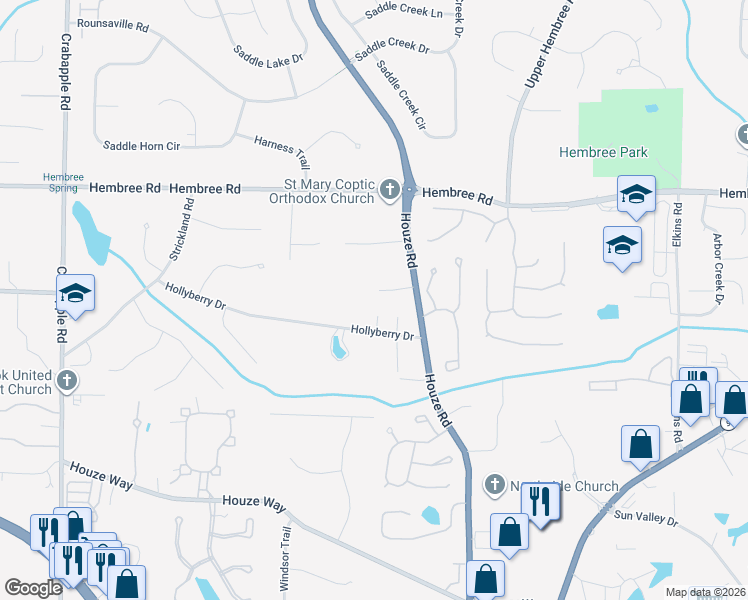 map of restaurants, bars, coffee shops, grocery stores, and more near 400 Hollyberry Drive in Roswell