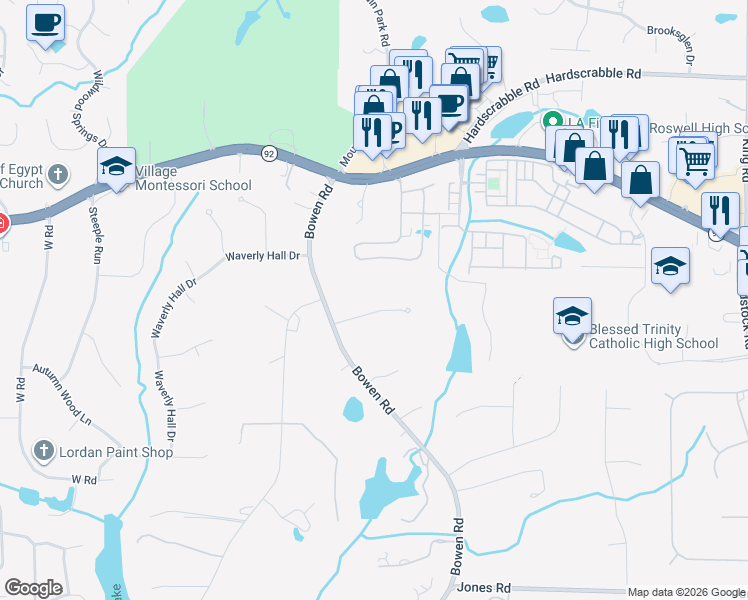 map of restaurants, bars, coffee shops, grocery stores, and more near 2020 Stonehedge Road in Roswell