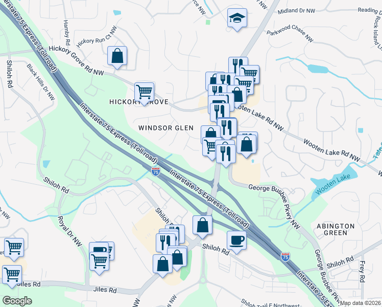map of restaurants, bars, coffee shops, grocery stores, and more near 1309 Telhurst Court Northwest in Kennesaw