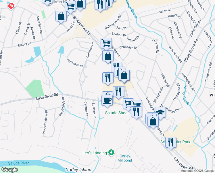 map of restaurants, bars, coffee shops, grocery stores, and more near 6169 Saint Andrews Road in Columbia