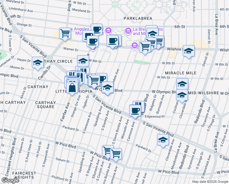 map of restaurants, bars, coffee shops, grocery stores, and more near 5850 West Olympic Boulevard in Los Angeles
