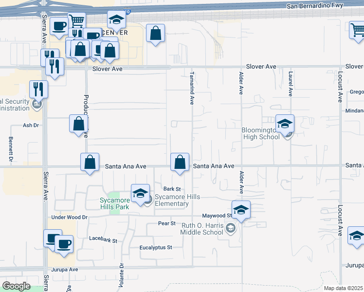 map of restaurants, bars, coffee shops, grocery stores, and more near 10760 Tamarind Avenue in Bloomington