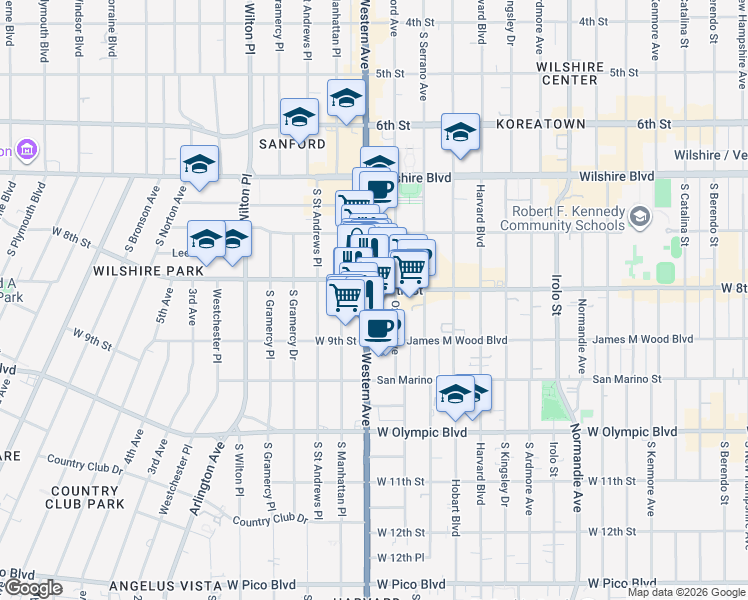 map of restaurants, bars, coffee shops, grocery stores, and more near 800 Western Avenue in Los Angeles