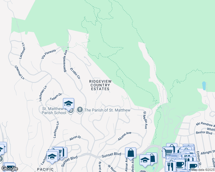 map of restaurants, bars, coffee shops, grocery stores, and more near 1445 Vía Cresta in Los Angeles
