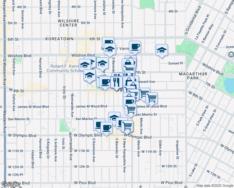 map of restaurants, bars, coffee shops, grocery stores, and more near 3054 West 8th Street in Los Angeles