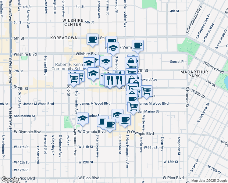 map of restaurants, bars, coffee shops, grocery stores, and more near 801 South Berendo Street in Los Angeles