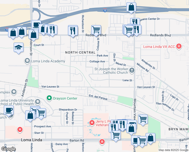 map of restaurants, bars, coffee shops, grocery stores, and more near 25387 State Street in Loma Linda