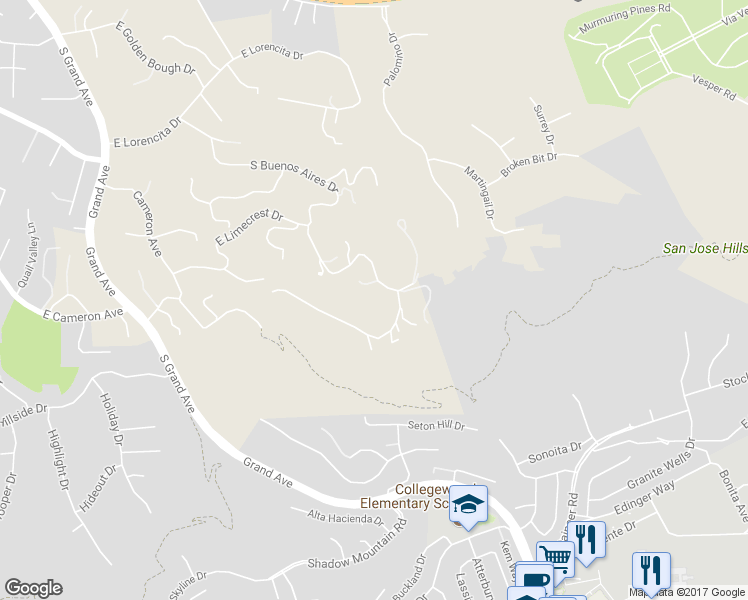 map of restaurants, bars, coffee shops, grocery stores, and more near 2117 South Buenos Aires Drive in Covina