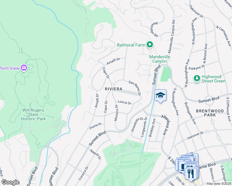 map of restaurants, bars, coffee shops, grocery stores, and more near 1490 Monaco Drive in Los Angeles
