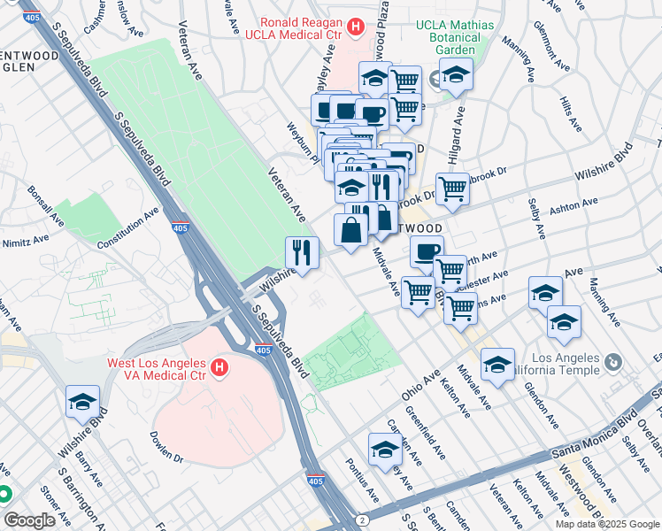 map of restaurants, bars, coffee shops, grocery stores, and more near 9513 Veteran Avenue in Los Angeles