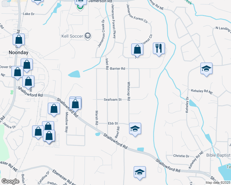 map of restaurants, bars, coffee shops, grocery stores, and more near 4365 Reef Road in Marietta