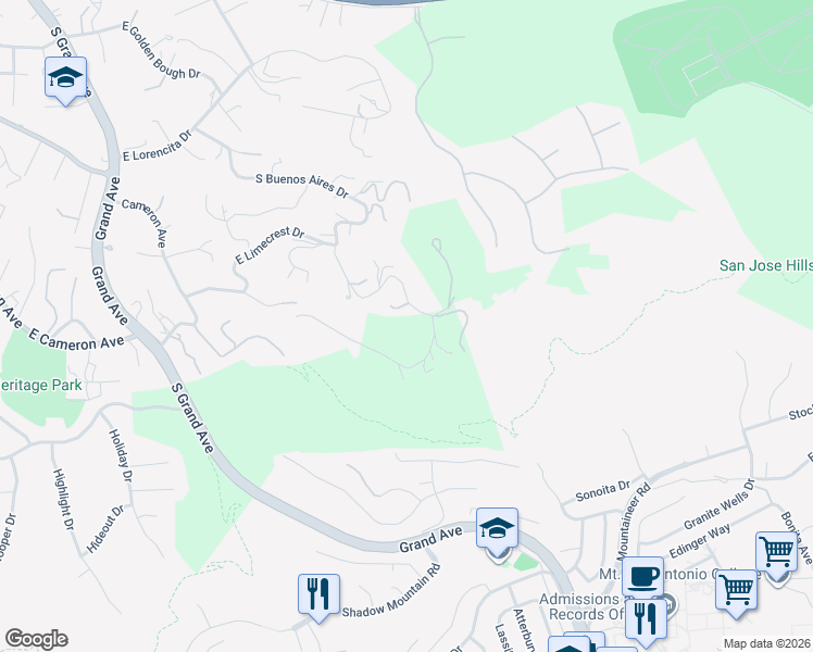 map of restaurants, bars, coffee shops, grocery stores, and more near 2117 South Buenos Aires Drive in Covina