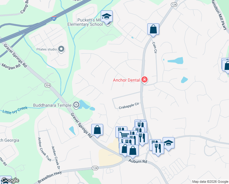 map of restaurants, bars, coffee shops, grocery stores, and more near 2807 Ashton Tree Place in Dacula