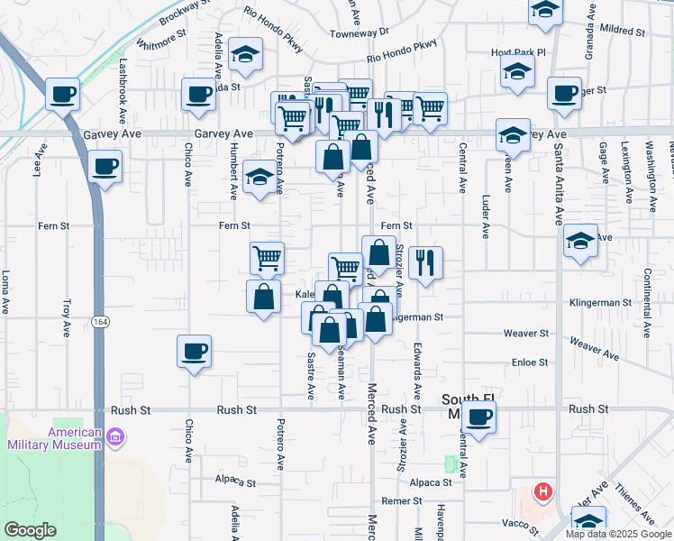 map of restaurants, bars, coffee shops, grocery stores, and more near 2465 Seaman Avenue in South El Monte