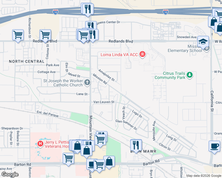map of restaurants, bars, coffee shops, grocery stores, and more near 25839 Mission Road in Loma Linda