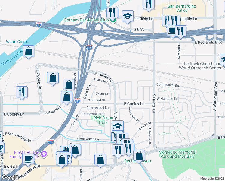map of restaurants, bars, coffee shops, grocery stores, and more near 799 Atchison Street in Colton