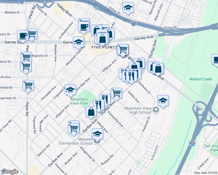map of restaurants, bars, coffee shops, grocery stores, and more near 2808 Maxson Road in El Monte