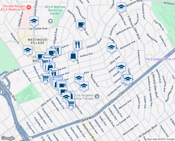 map of restaurants, bars, coffee shops, grocery stores, and more near 10717 Ohio Avenue in Los Angeles