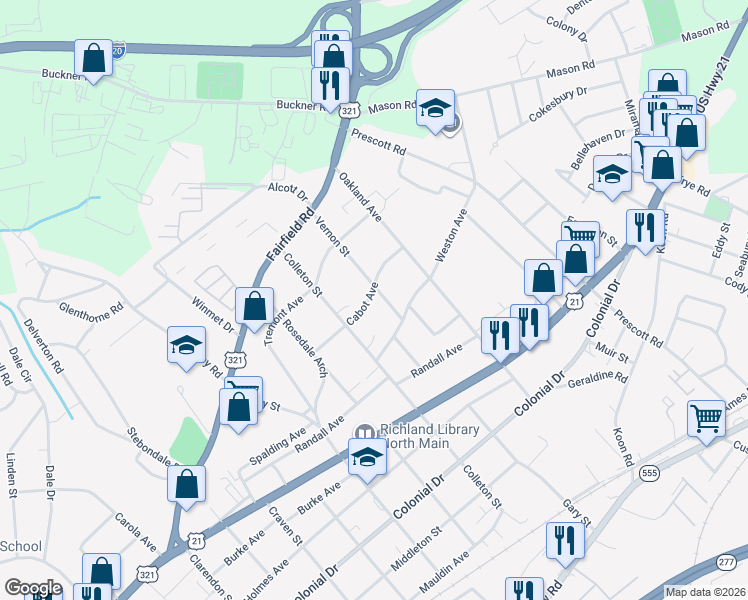 map of restaurants, bars, coffee shops, grocery stores, and more near 824 Vernon Street in Columbia