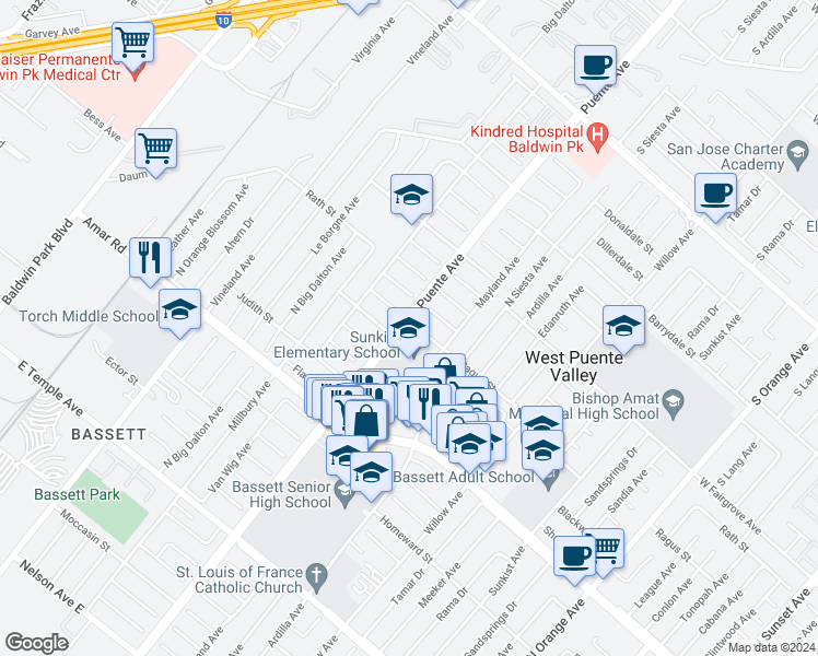 map of restaurants, bars, coffee shops, grocery stores, and more near 13902 Ragus Street in La Puente