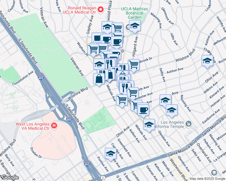 map of restaurants, bars, coffee shops, grocery stores, and more near 10933 Ashton Avenue in Los Angeles