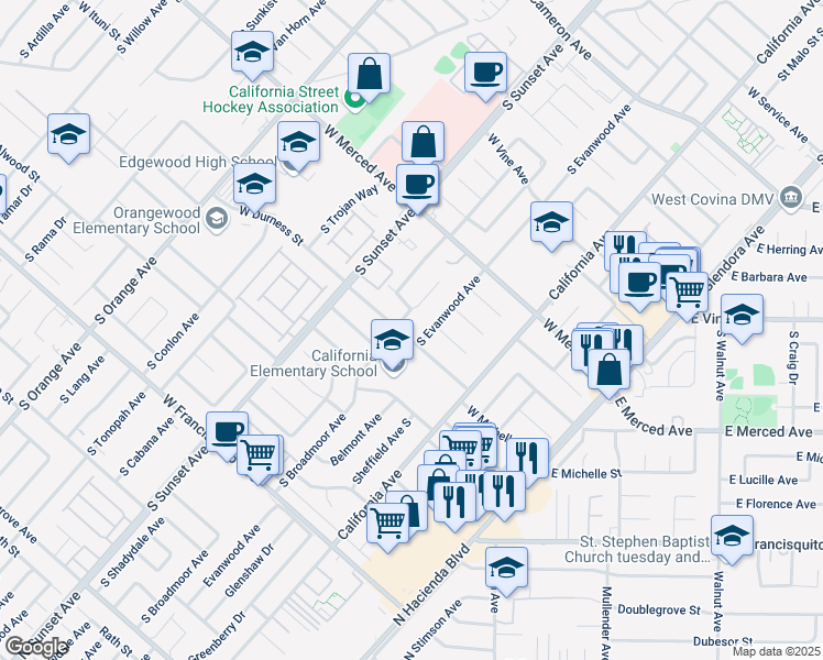 map of restaurants, bars, coffee shops, grocery stores, and more near 1340 South Broadmoor Avenue in West Covina