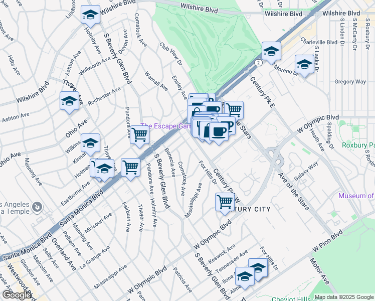 map of restaurants, bars, coffee shops, grocery stores, and more near 1858 Fox Hills Drive in Los Angeles