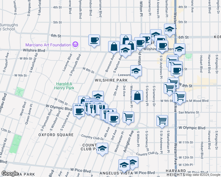 map of restaurants, bars, coffee shops, grocery stores, and more near 830 South Norton Avenue in Los Angeles