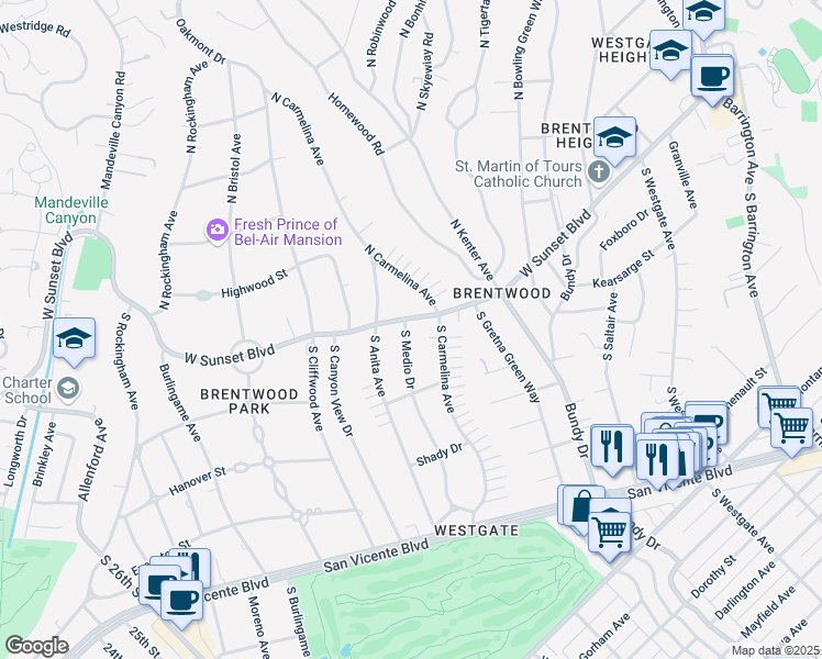 map of restaurants, bars, coffee shops, grocery stores, and more near 104 South Medio Drive in Los Angeles
