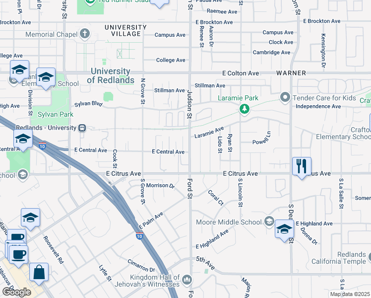 map of restaurants, bars, coffee shops, grocery stores, and more near 201 Judson Street in Redlands