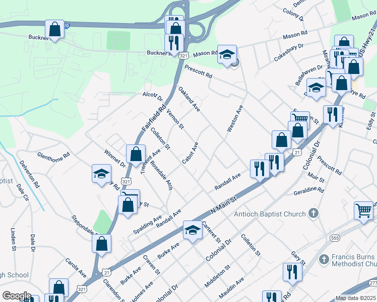 map of restaurants, bars, coffee shops, grocery stores, and more near 5501 Cabot Avenue in Columbia