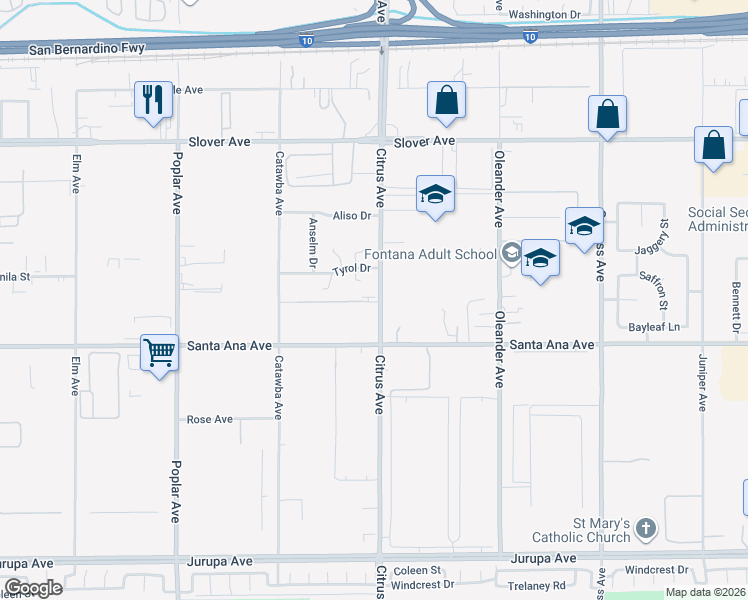 map of restaurants, bars, coffee shops, grocery stores, and more near 10886 Citrus Avenue in Fontana
