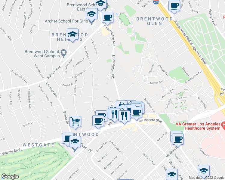 map of restaurants, bars, coffee shops, grocery stores, and more near 605 South Barrington Avenue in Los Angeles