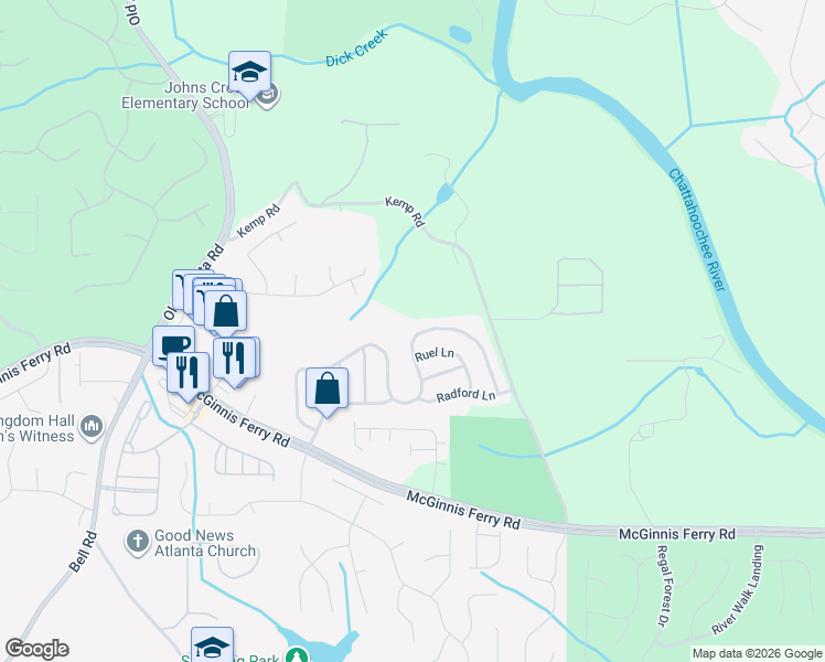 map of restaurants, bars, coffee shops, grocery stores, and more near 8965 Friarbridge Drive in Suwanee