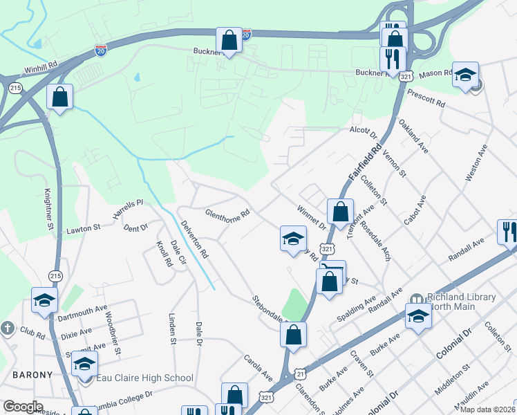 map of restaurants, bars, coffee shops, grocery stores, and more near 704 Amberley Road in Columbia