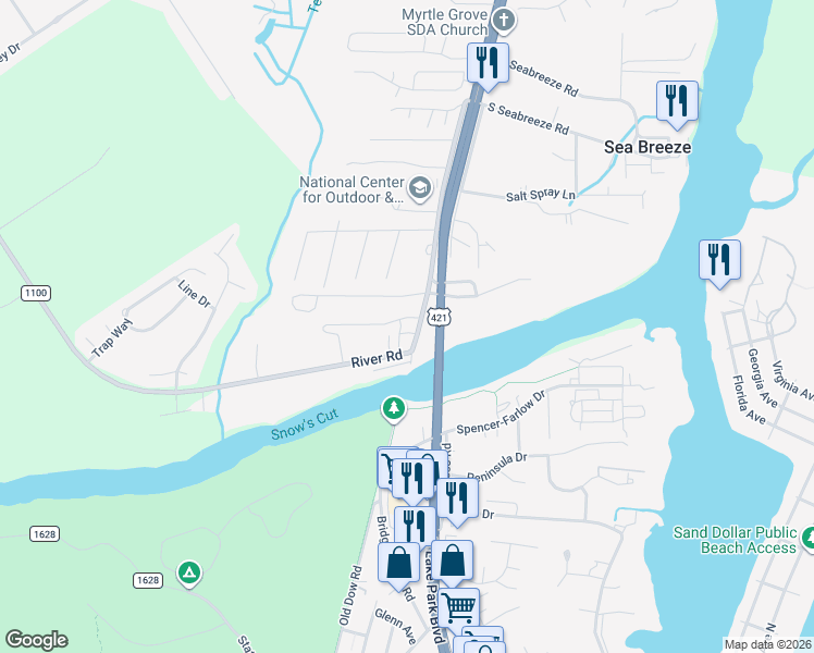 map of restaurants, bars, coffee shops, grocery stores, and more near 9623 River Road in Wilmington