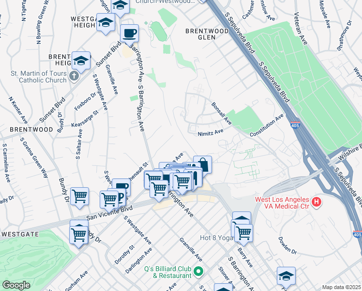map of restaurants, bars, coffee shops, grocery stores, and more near 11601 Montana Avenue in Los Angeles