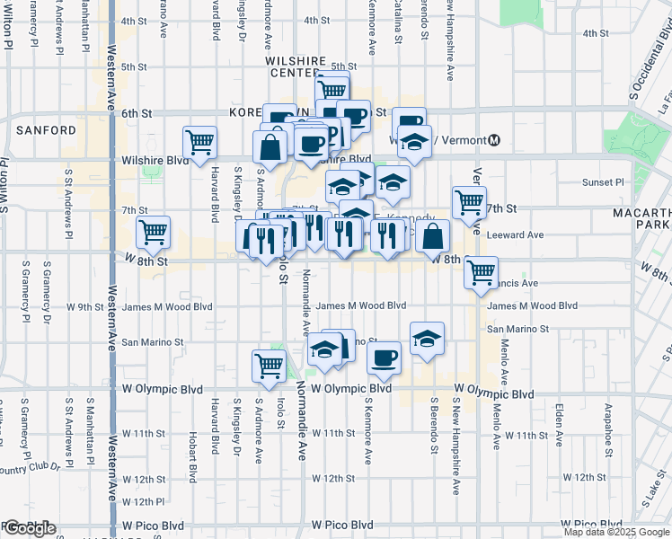 map of restaurants, bars, coffee shops, grocery stores, and more near 3242 West 8th Street in Los Angeles