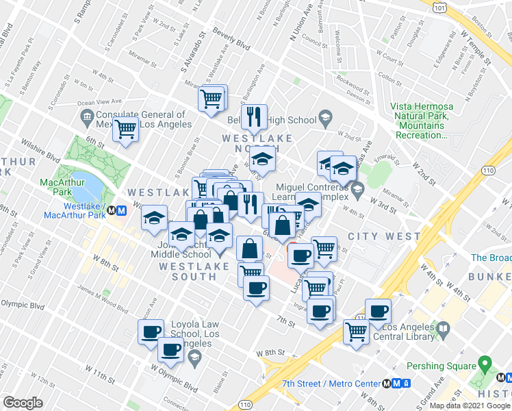 map of restaurants, bars, coffee shops, grocery stores, and more near 427 Loma Drive in Los Angeles