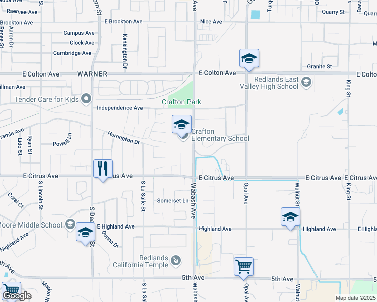 map of restaurants, bars, coffee shops, grocery stores, and more near 139 Wabash Avenue in Redlands