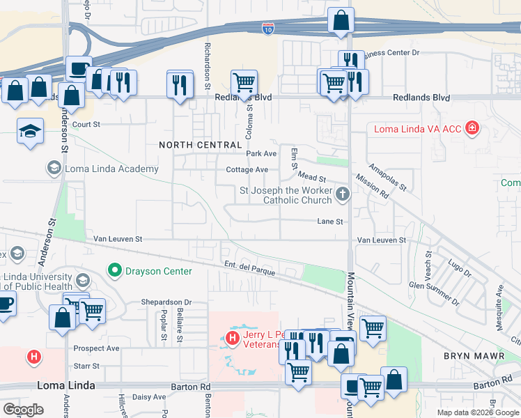 map of restaurants, bars, coffee shops, grocery stores, and more near 25447 State Street in Loma Linda