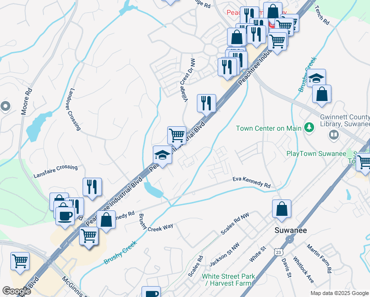 map of restaurants, bars, coffee shops, grocery stores, and more near 750 Peachtree Industrial Boulevard in Suwanee