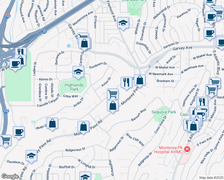 map of restaurants, bars, coffee shops, grocery stores, and more near 1469 Abajo Drive in Monterey Park